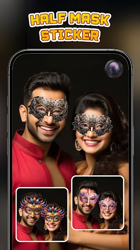 Half mask sticker camera filter showing decorative face masks on couple in live preview