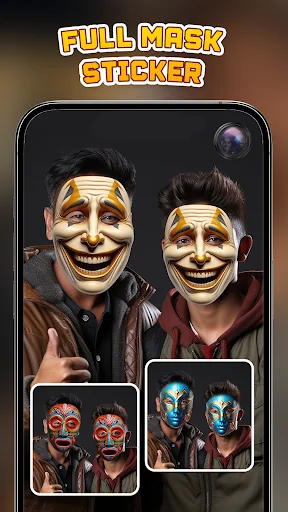 Full mask sticker camera with theatrical masks applied to multiple people on live broadcast