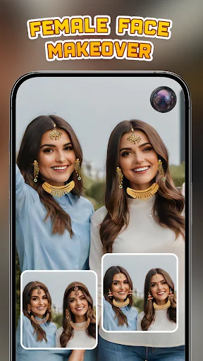 Female face makeover camera with jewelry and makeup stickers transforming women's appearance