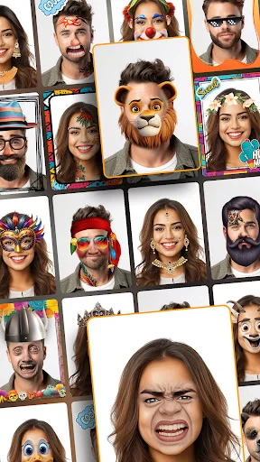 Gallery of funny face camera stickers with live filters applied to different people's faces