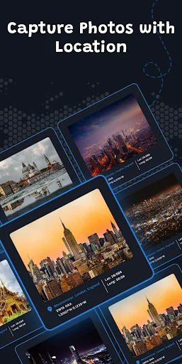 Geotagged photo gallery grid displaying multiple landscape and city photos with GPS coordinates, location names, and timestamps overlay on each photo card
