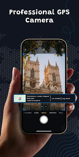 Mobile camera interface showing Westminster Cathedral through viewfinder with GPS coordinates (1.5007°N 0.1235°W), location name, and date/time metadata displayed
