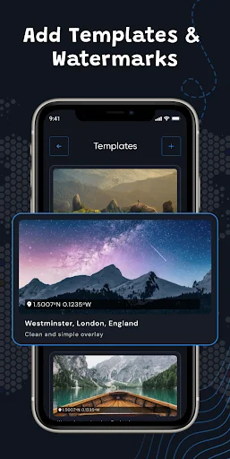 Photo templates selection screen showing landscape images with customizable GPS coordinate overlays, location watermarks, and clean simple overlay template options
