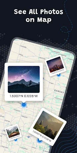 Map gallery view with geotagged photos pinned to their exact locations on interactive map, showing photo thumbnails with coordinates and location markers