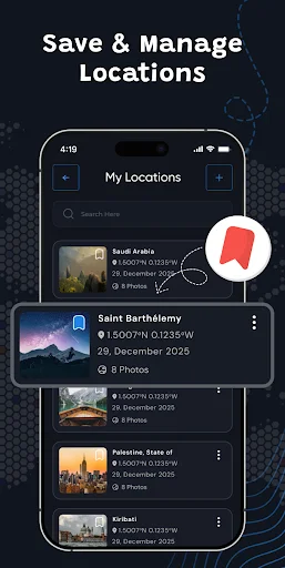 My Locations list view organizing saved photo locations including Saudi Arabia, Saint Barthélemy, Palestine, and Bali with photo counts, GPS coordinates, and dates