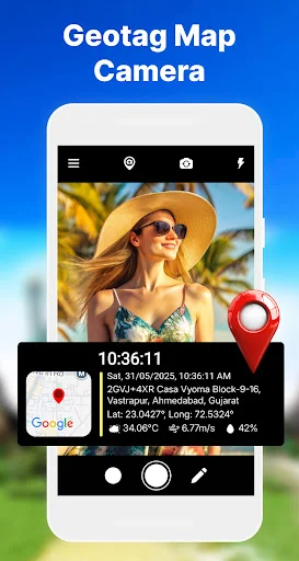 Geotagged photo showing woman in sunhat with GPS timestamp 10:36:11, location details Vastrapur Ahmedabad, and red map pin