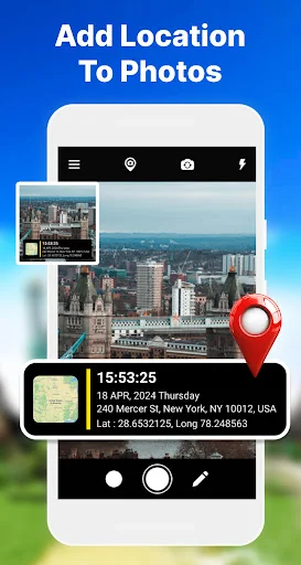 Add location to photos: aerial city images with GPS coordinates, timestamp 15:53:25, New York address, and red pin marker