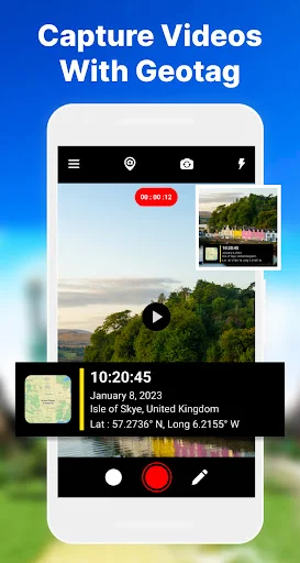 Capture geotagged video from Isle of Skye with timestamp 10:20:45, GPS location details, and red video recording button