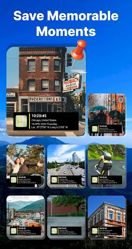 Save memorable moments: gallery grid of multiple geotagged photos with location stamps, timestamps, and pins preserved