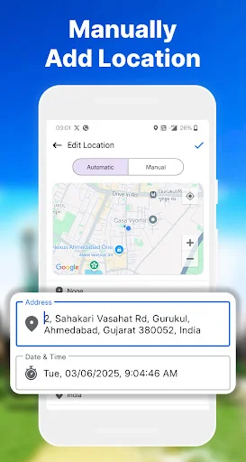 Manually add location: map interface with edit location toggle, address field Gurukul Ahmedabad, and manual pin placement