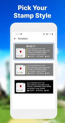 Pick stamp style: templates showing different geotagged photo stamp designs with varying location and timestamp formats