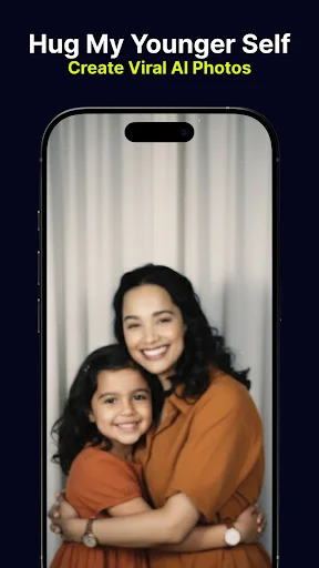 Hug My Younger Self AI app title screen featuring AI-generated family hug demo photo showing woman and child hugging for creating viral AI hug images