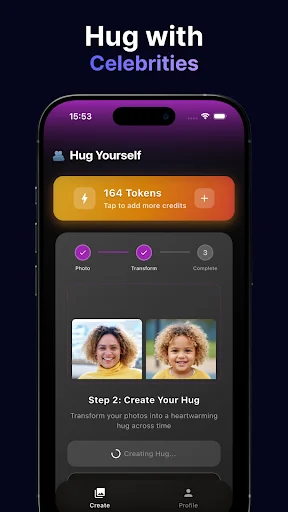 Hug with Celebrities interface displaying 164 tokens balance, Photo Transform and Celebrities tabs with celebrity profiles and AI hug photo creation in progress