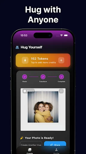 AI-generated hug photo displayed with 'Your Photo is Ready' message, featuring two people in yellow clothing with Share and Create Another Hug action buttons