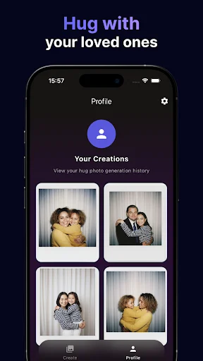 Profile screen showing Your Creations gallery with four AI-generated hug photos of loved ones in different poses and styles for hug transformation app