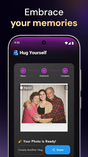 Completed family hug photo result showing three generational members embracing with Create Another Hug and Share buttons
