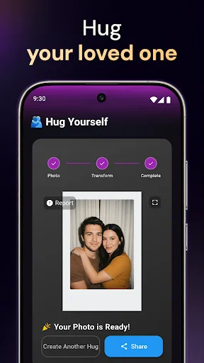 Final AI-transformed hug photo showing two people embracing with options to create new hug transformation or share result
