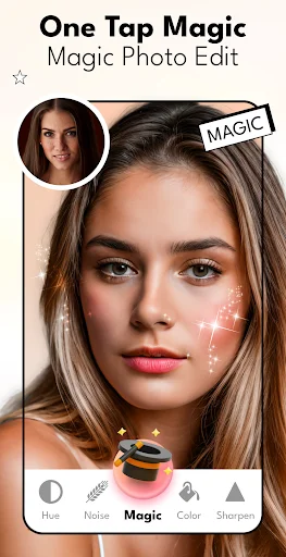 One Tap Magic photo editor interface with woman's face and retouching tools: Hue, Noise, Magic, Color, and Sharpen filters