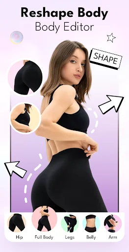 Reshape Body editor showing woman with selectable body parts for Hip, Full Body, Legs, Belly, and Arm customization and slimming