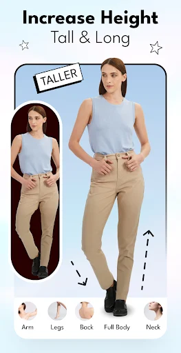 Increase Height photo editor with before/after comparison showing tall height adjustment with selectable body zones