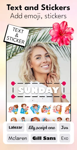 Text and Stickers photo editor showing woman with editable SUNDAY text overlay, emoji stickers, and font customization options