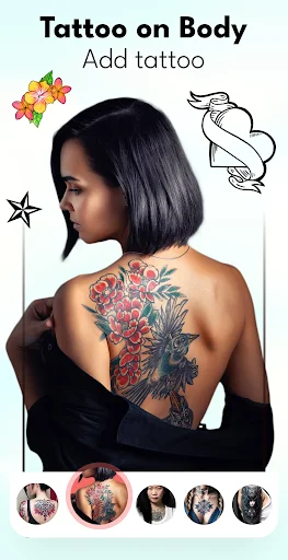 Tattoo on Body photo editor displaying woman with floral back tattoo design and multiple customizable tattoo style effects
