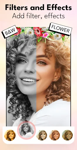 Filters and Effects editor with split-screen showing Raw grayscale and Flower filter transformations on woman's portrait
