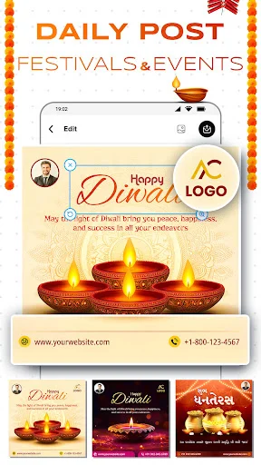 Diwali festival poster editor with customizable diya lamp design, text fields for names/logos, and template gallery options