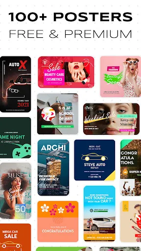100+ poster templates library featuring free and premium designs across categories including auto, events, music, gaming, and promotions