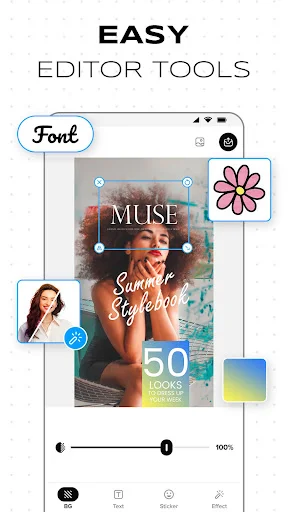 Poster editor interface with font customization tool, text editing options, sticker placement, and size adjustment controls for designs