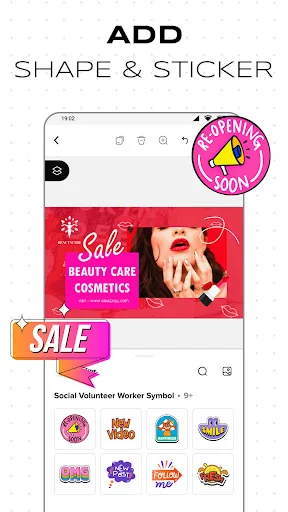 Shape and sticker addition feature showing decorative elements panel with social media symbols and effects for customizing poster designs
