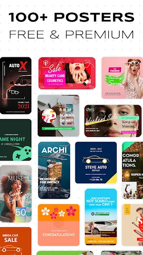 Gallery displaying 100+ free and premium poster templates for various events including auto sales, birthday, Christmas, and promotions