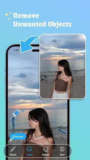 Object removal editing interface with before-and-after beach photo demo and brush, lasso, eraser toolbar