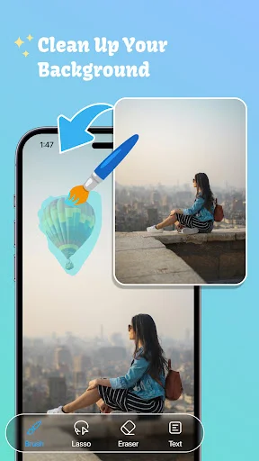 Background cleanup feature in object remover app removing hot air balloon from cityscape photo with unwanted object remover