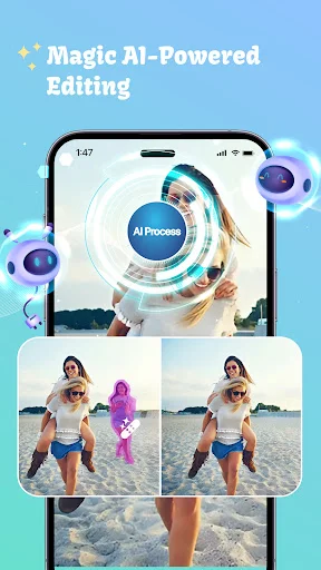 AI-powered magic editing showing before and after comparison of unwanted person removal from beach photo with AI effects