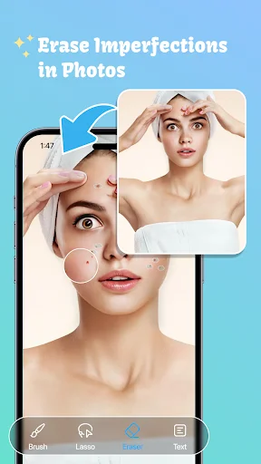 Skin blemish removal tool displaying before-and-after portrait with facial imperfection erasing features