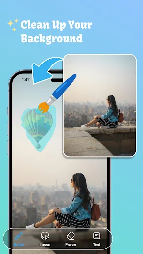 Background object removal feature showing before-and-after outdoor photos with unwanted element removal