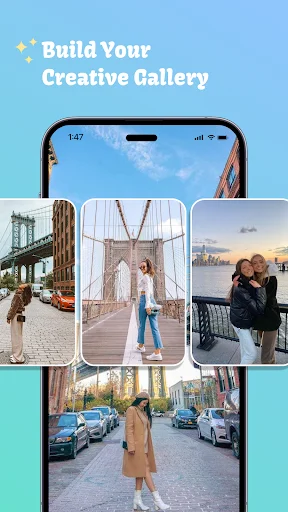 Creative photo gallery view displaying collection of edited photos in smartphone interface