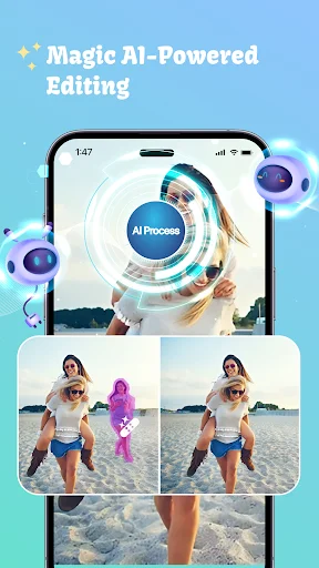 AI-powered automatic photo editing interface demonstrating background removal and object erasing