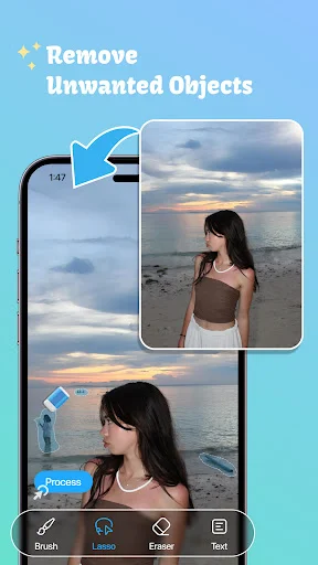 Remove unwanted objects app interface showing beach sunset portrait with brush, lasso, eraser, and text editing tools available