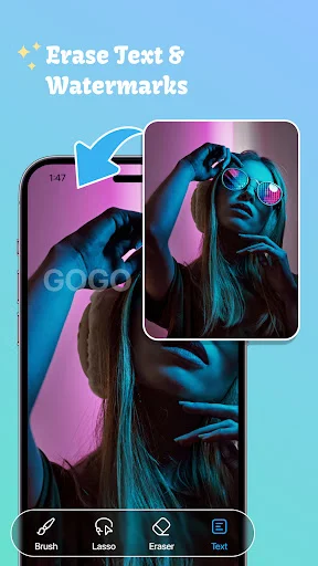 Erase text and watermarks feature demonstrated in photo editor on stylized portrait showing watermark removal capability