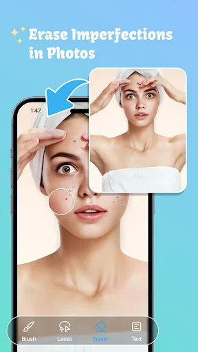 Blemish and acne removal tool in photo editor showing skin imperfection erasing on portrait with close-up detail view