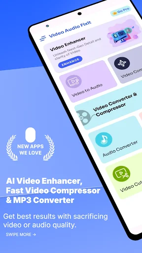 Video Compressor app main menu displaying feature tiles for video enhancement, compression, format conversion and audio editing tools