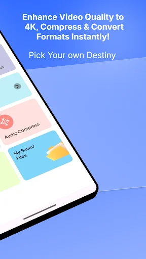 App feature showcase screen highlighting 4K video enhancement, compression and format conversion capabilities with My Saved Files section