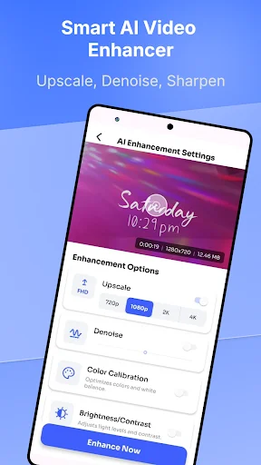 AI Video Enhancer settings interface with upscale, denoise, color calibration and brightness/contrast adjustment options for video enhancement