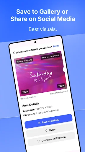 Video enhancement results comparison showing before and after preview with resolution details, file size and Save to Gallery and Share buttons