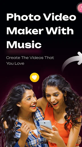Photo Video Slideshow Maker app launch screen showcasing two women creating videos with music and visual effects