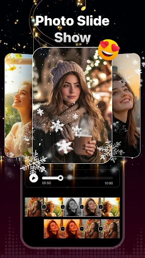 Photo slide show feature displaying carousel of portrait photos with music player timeline and editing controls