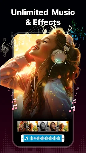 Unlimited music and effects feature with woman wearing headphones, visual effects layer, and music waveform selection tool