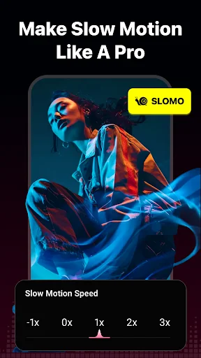 Slow motion video maker with speed control slider offering -1x to 3x speed adjustment for professional slow motion effects